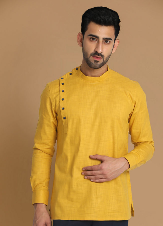 alt message - Manyavar Men Mustard Side Open Short Kurta image number 0